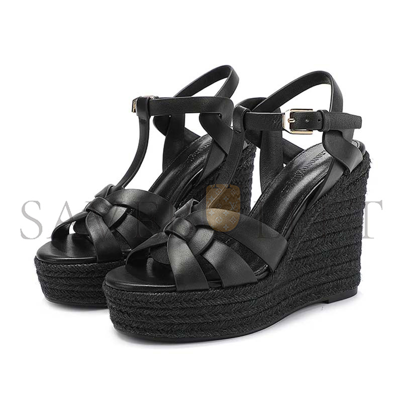 YSL TRIBUTE WOVEN LEATHER ESPADRILLE WEDGE SANDALS